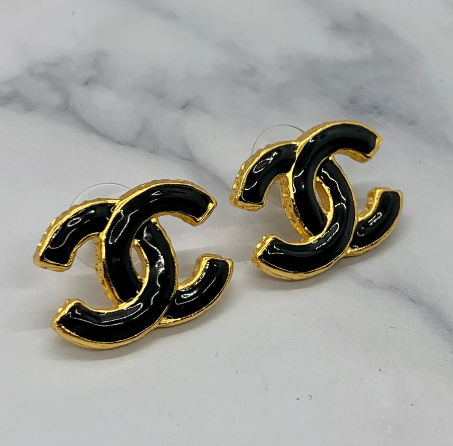 CHANEL CC Gold Tone Black Earrings - Pre owned