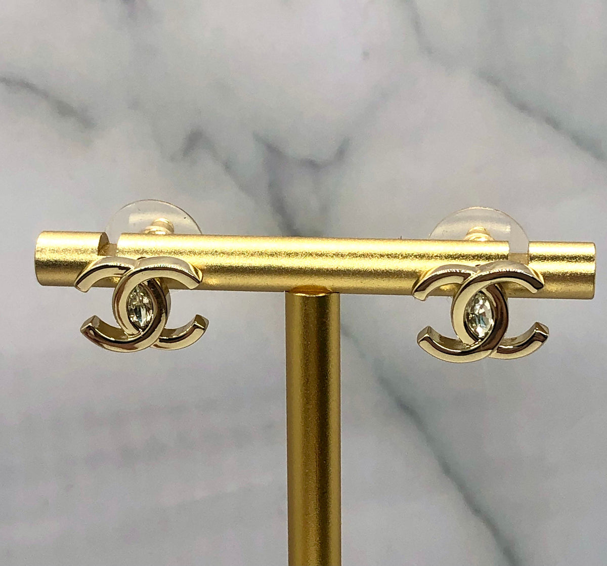 CHANEL CC Light Gold Tone Rhinestone Earrings - Pre owned
