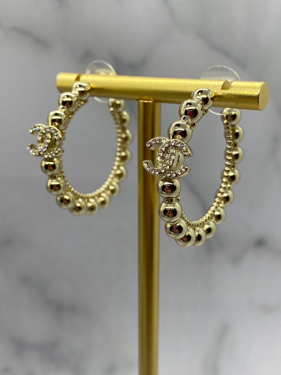 CHANEL CC Light Gold Rhinestone Hoop Earrings - USED