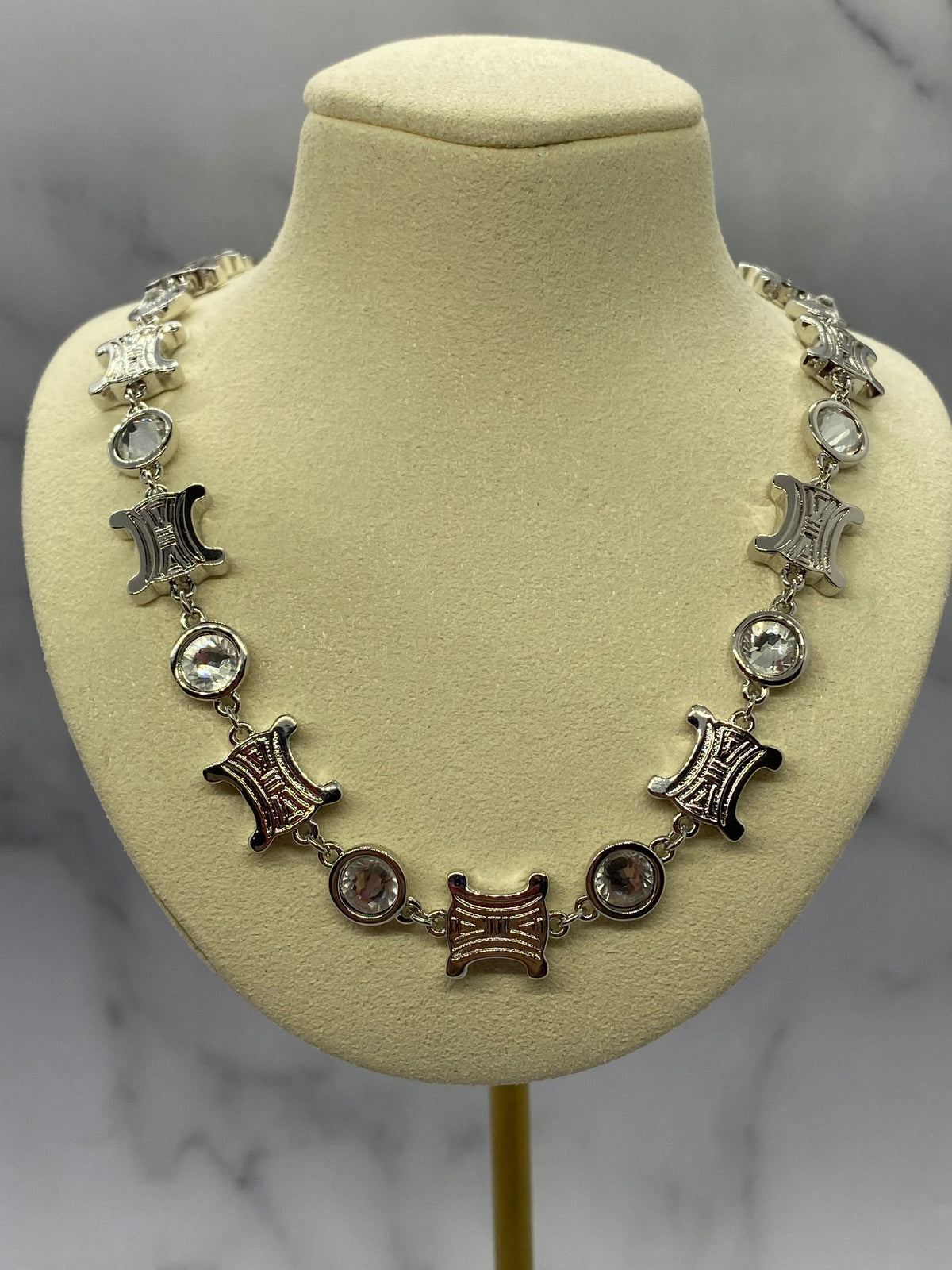 CELINE Silver Tone Monogram Rhinestone Necklace - Pre owned