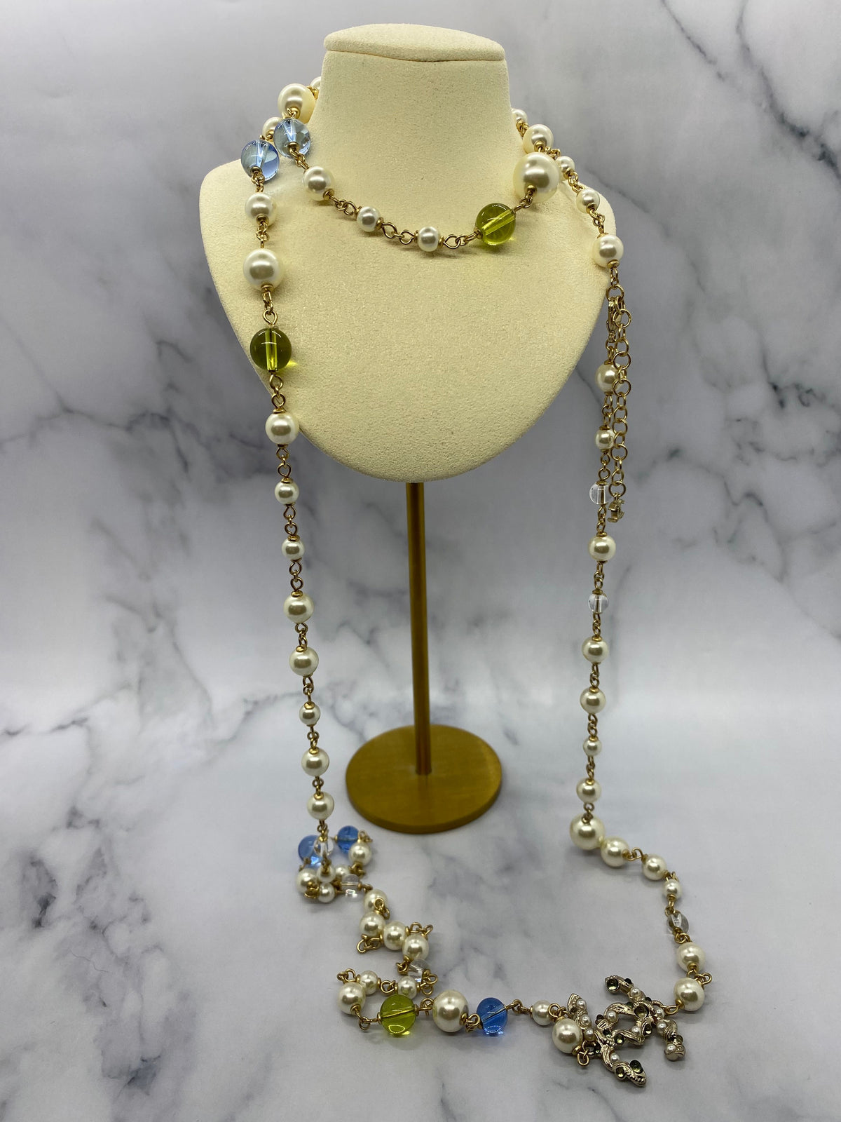 CHANEL CC Long Layer Rhinestone Pearl Necklace - Pre owned