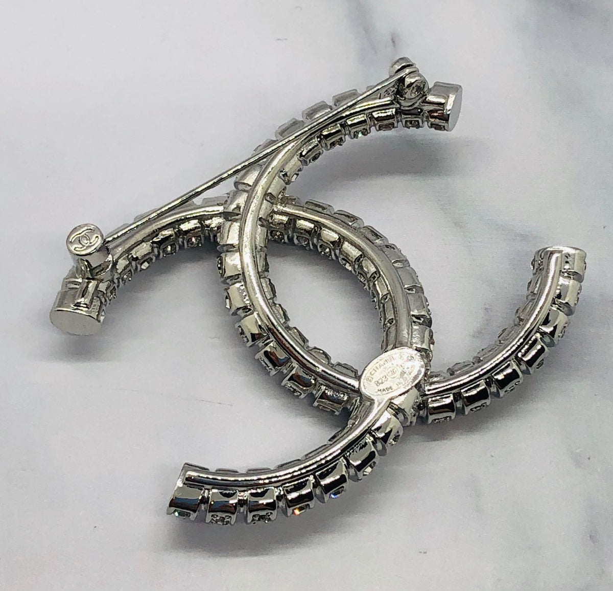 CHANEL CC Silver Tone Rhinestone Brooch Pin - Pre owned