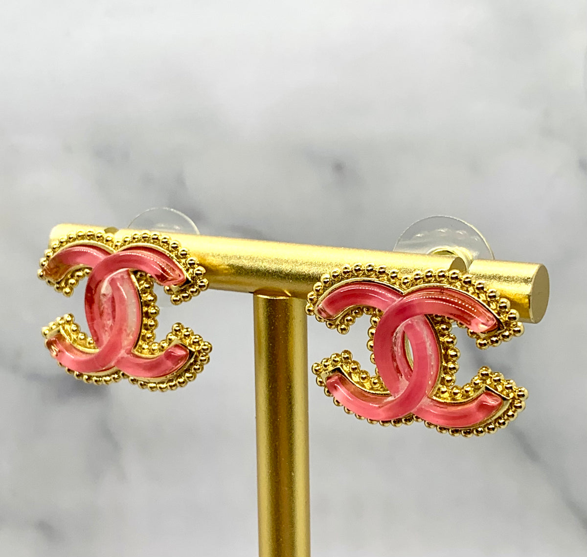 CHANEL CC Gold Tone Pink Stud Earrings - Pre owned