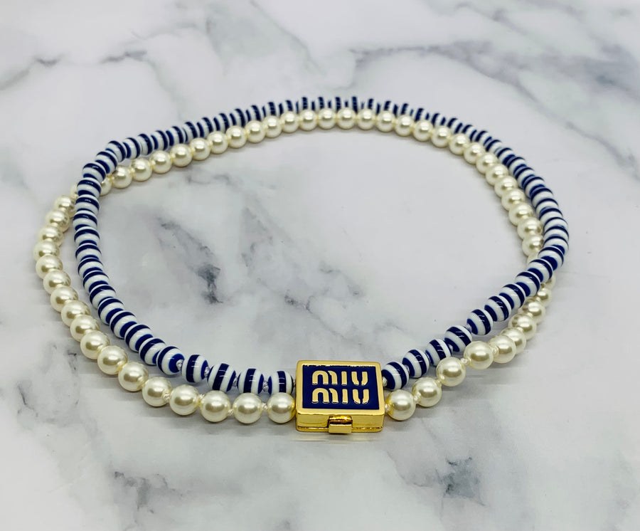 MIU MIU Pearl & Blue Striped Necklace - Pre owned