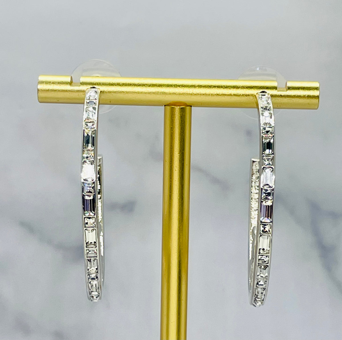 CHANEL CC Silver Tone Rhinestone Hoop Earrings - USED