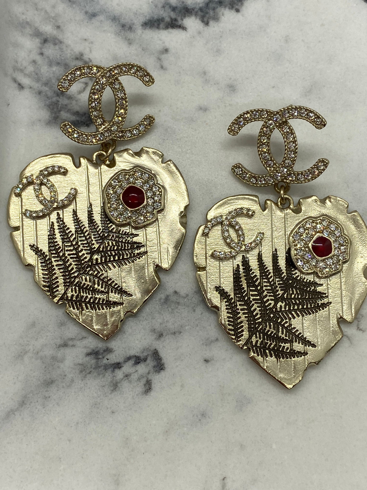 CHANEL CC Leaf & Flower Brass Tone Earrings - USED