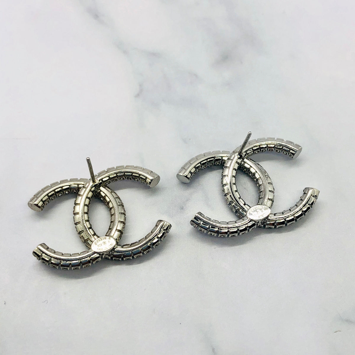 CHANEL CC Silver Tone Rhinestone Earrings - USED