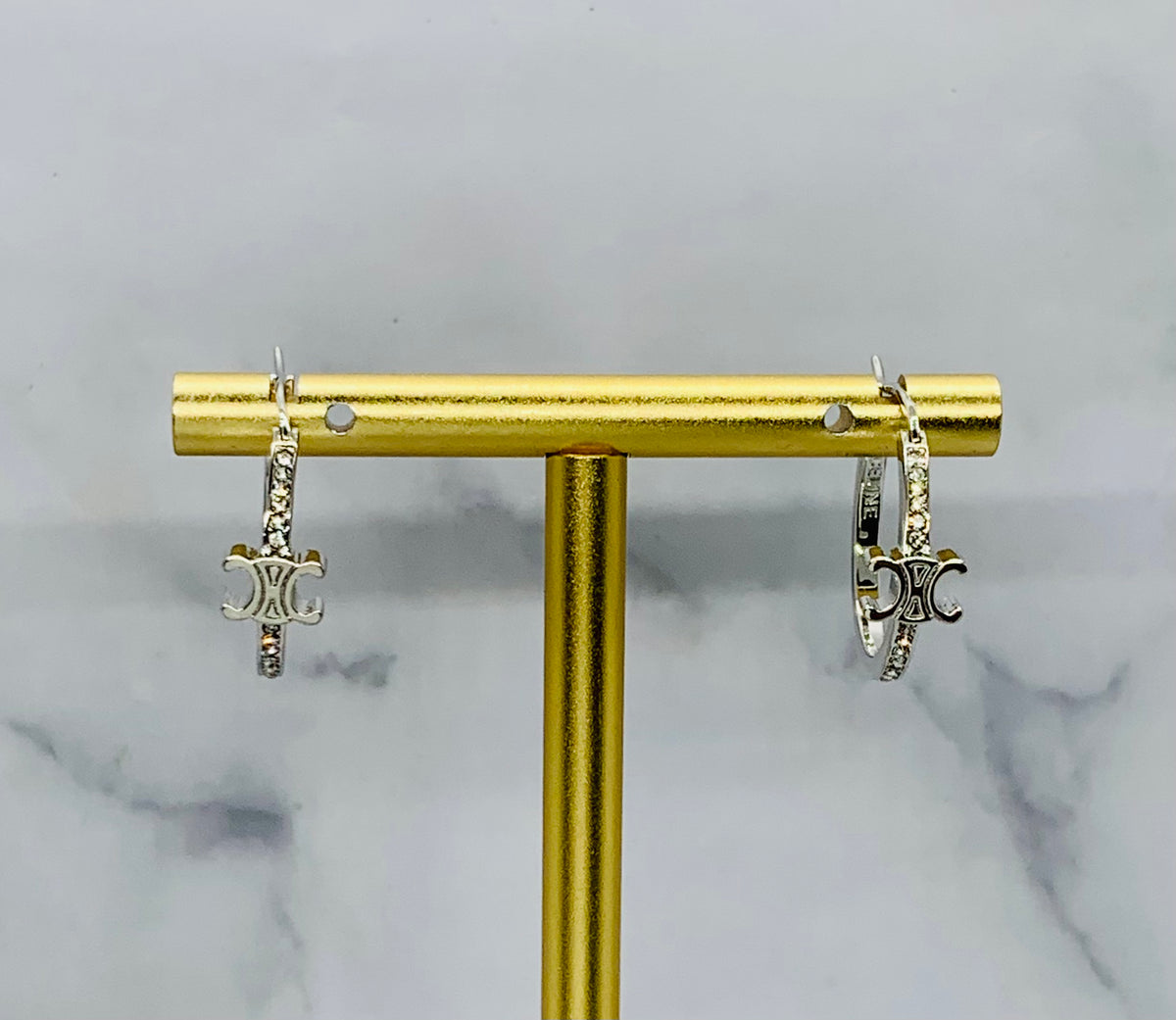 CELINE Silver Tone Rhinestone Monogram Hoop Earrings - Pre owned