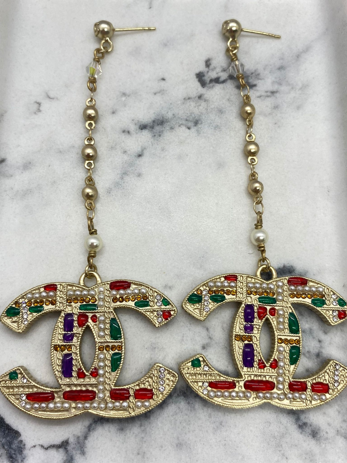 CHANEL CC Colorful Plaid Pendant Earrings - Pre owned