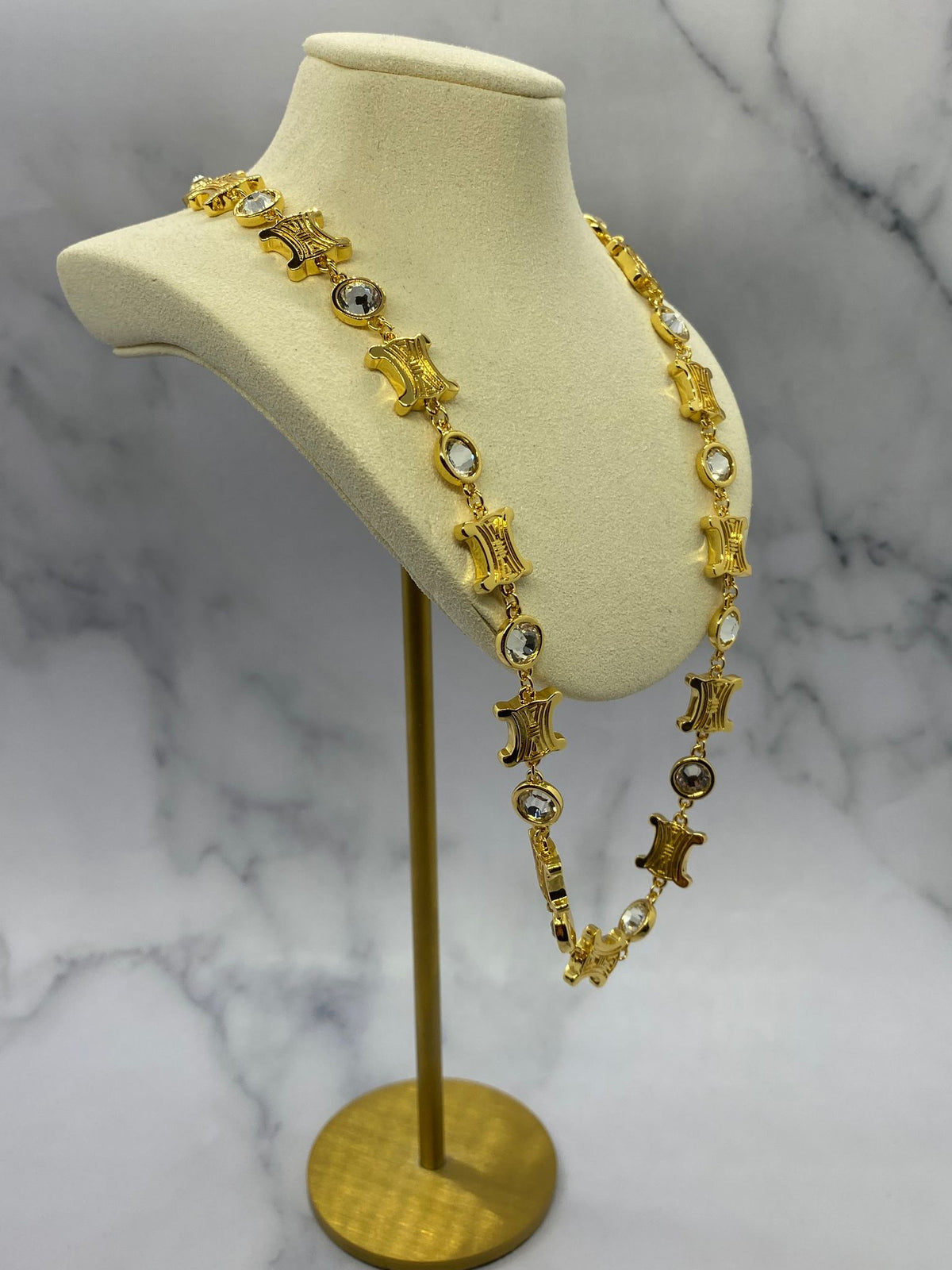 CELINE Gold Tone Rhinestone Monogram Necklace - Pre owned