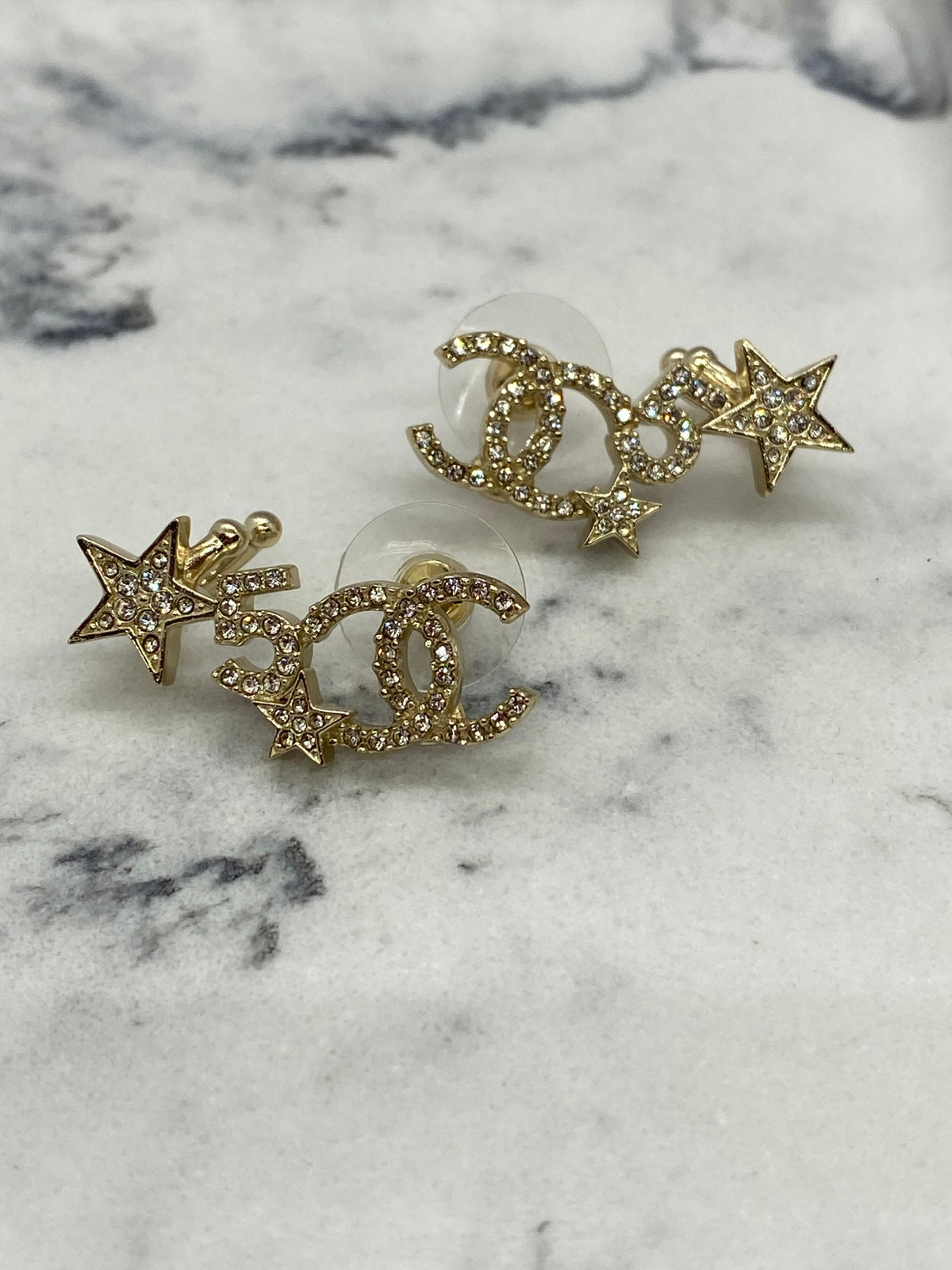 CHANEL CC Gold Tone Rhinestone Star Climber Earrings - USED
