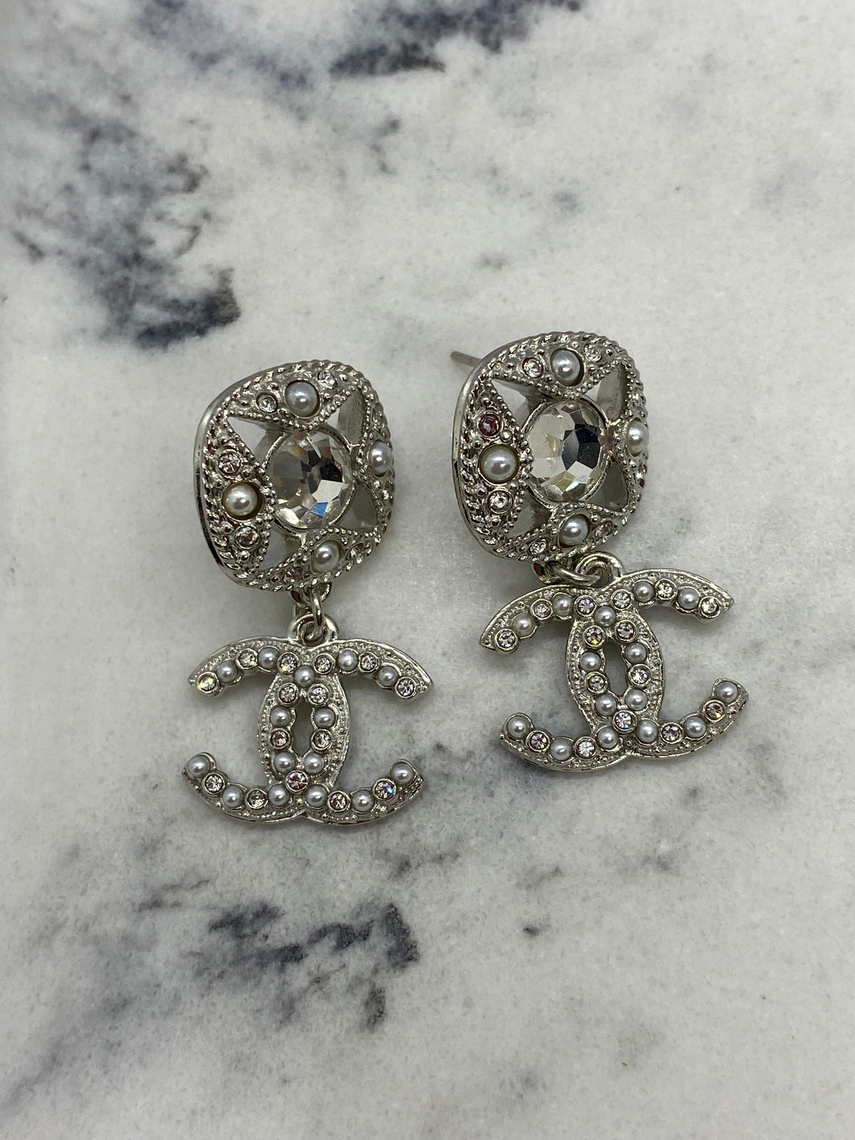 CHANEL CC Silver Tone Pendant Earrings - USED