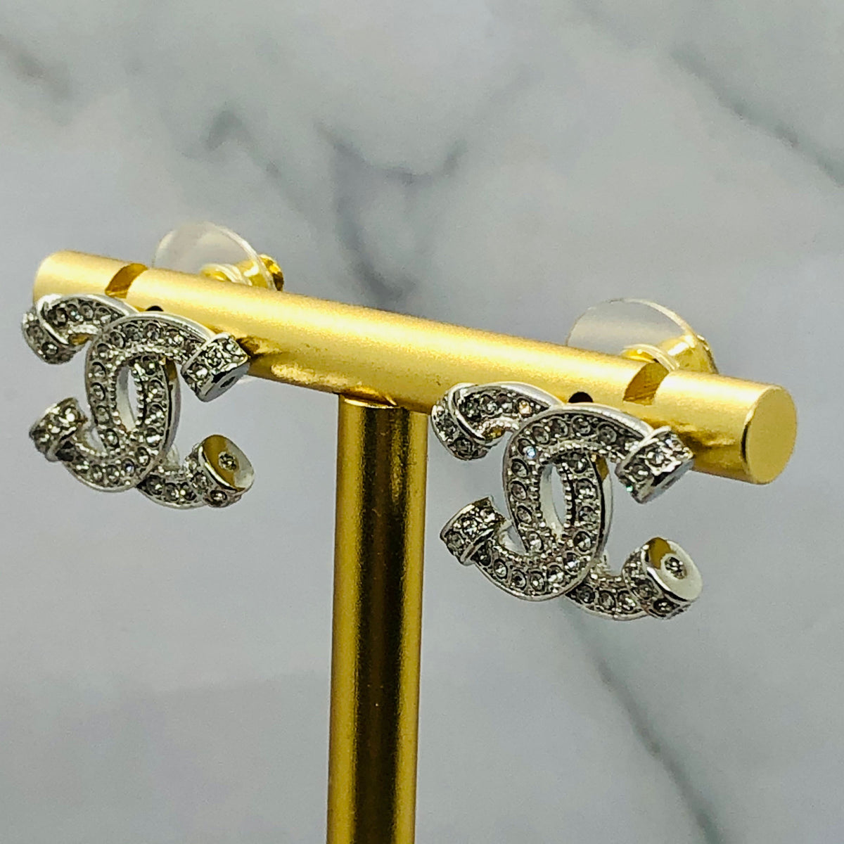 CHANEL CC Silver Tone Rhinestone Earrings - Pre owned