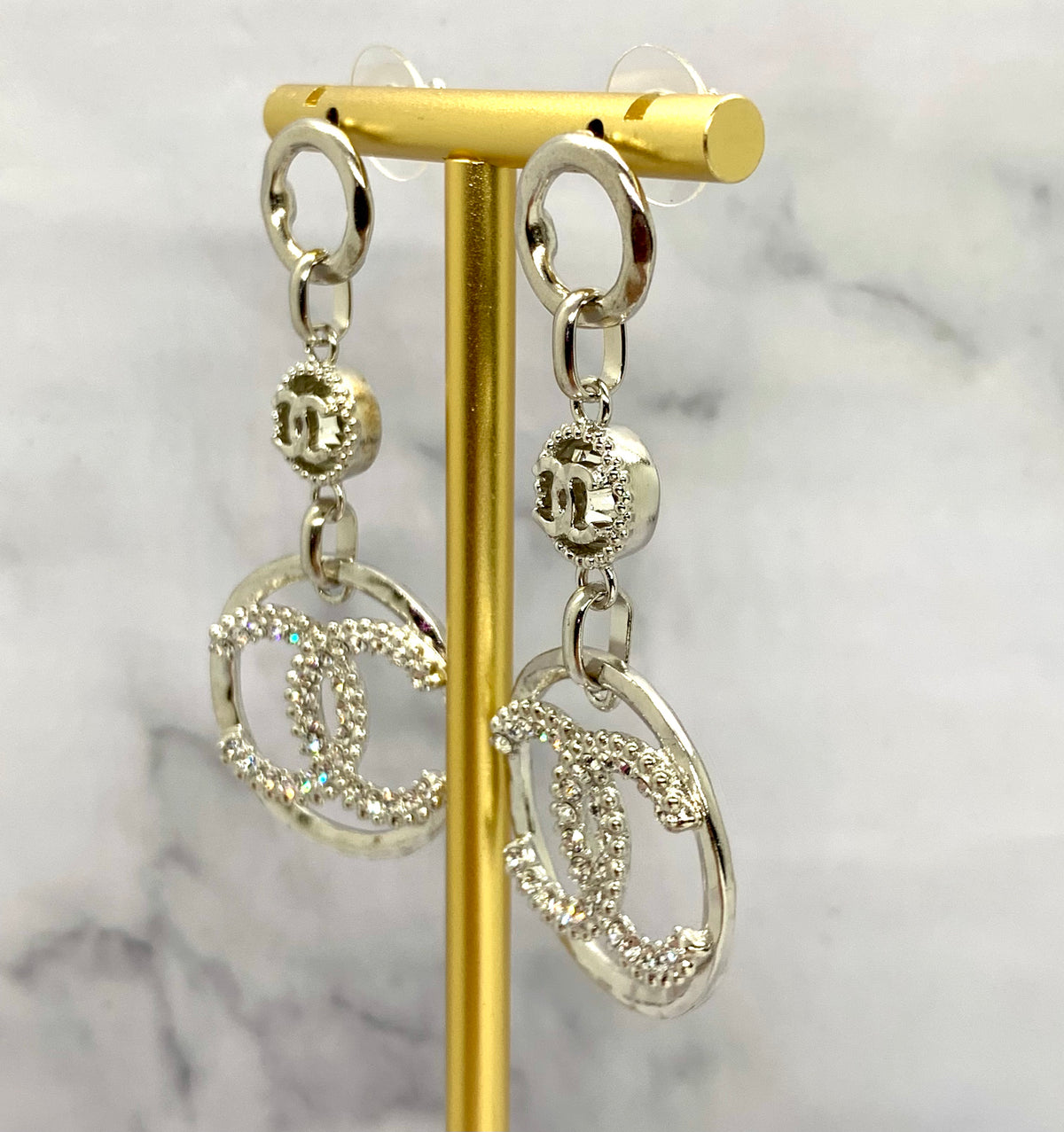 CHANEL CC Silver Rhinestone Earrings - USED