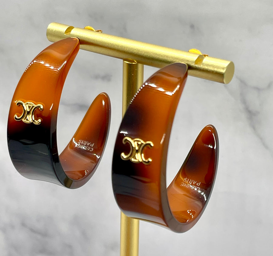 CELINE Monogram Tortoise Hoop Earrings - Pre owned