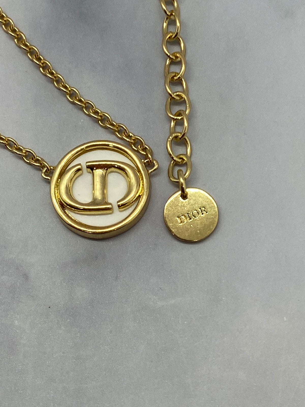 CHRISTIAN DIOR CD Gold Tone White Logo Chain Necklace - USED