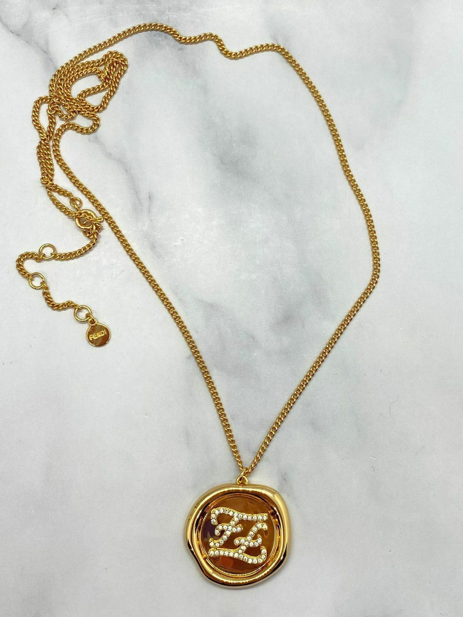 FENDI FF Rose Gold Rhinestone Charm Necklace - Pre owned