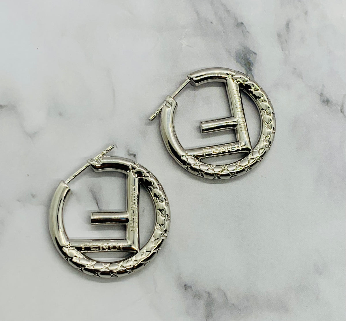 FENDI FF Silver Tone Hoop Earrings - Pre owned