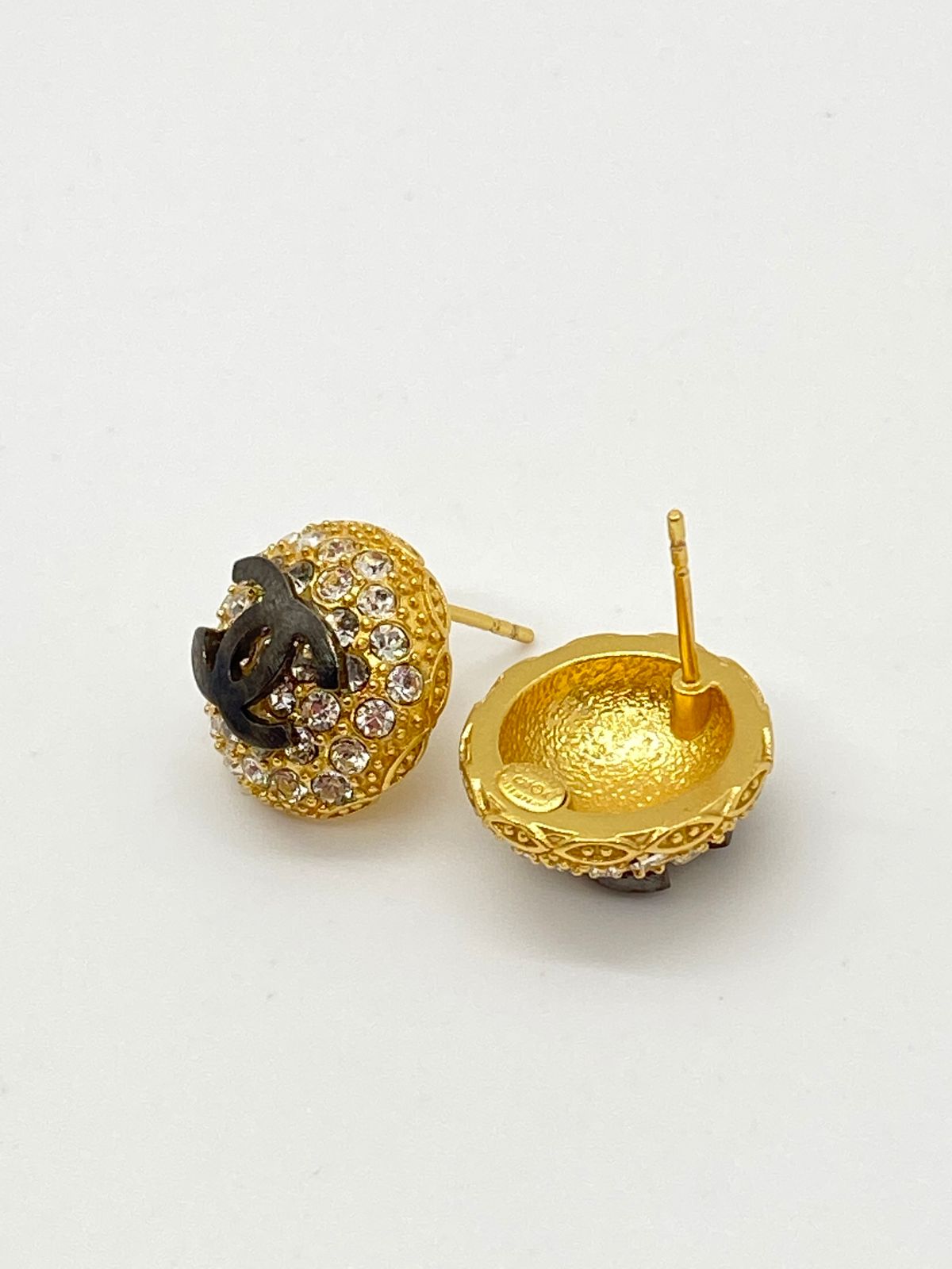 CHANEL CC Gold Tone Rhinestone Button Earrings - Pre owned
