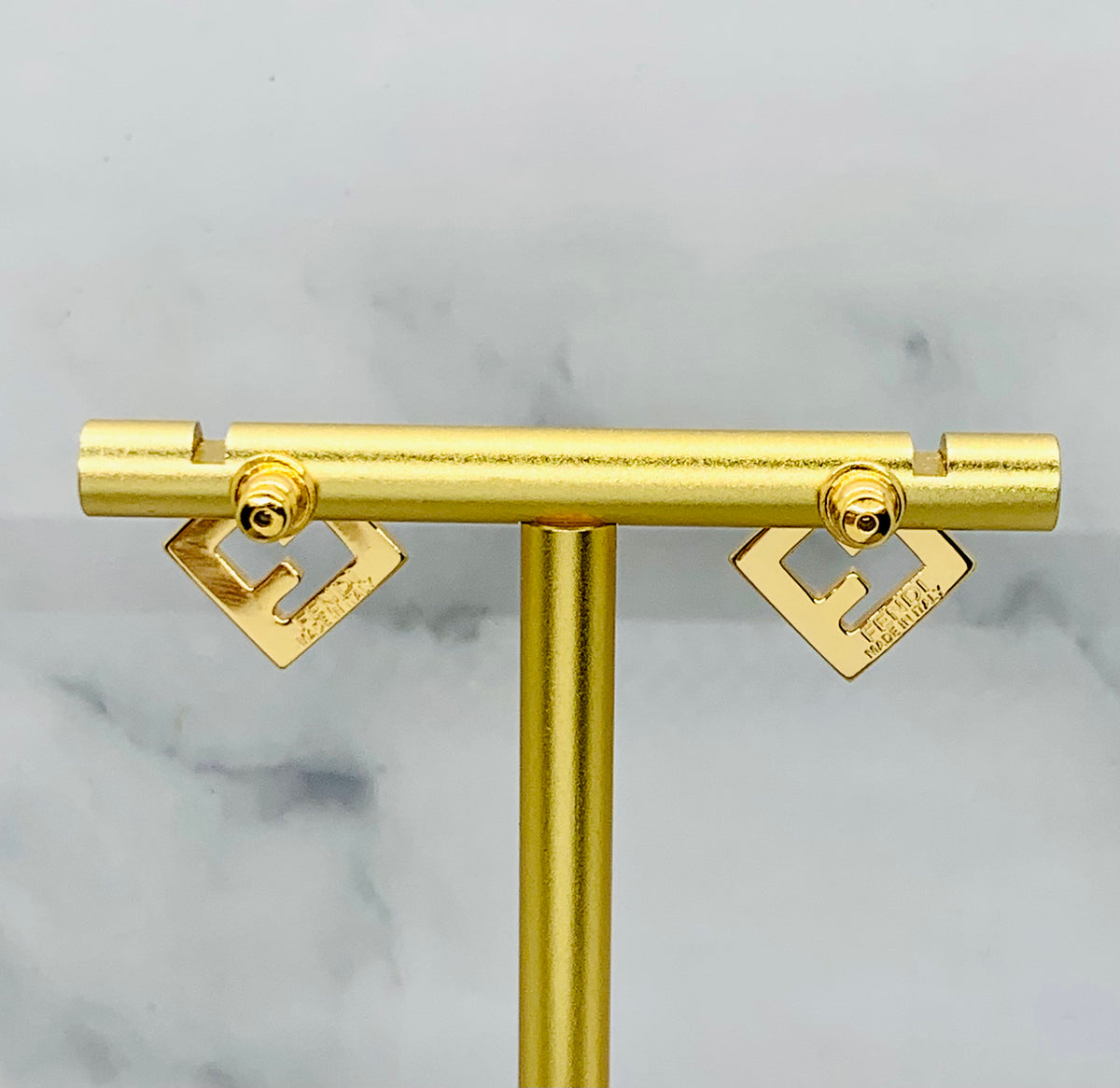 FENDI FF Gold Tone Monogram Earrings - Pre owned