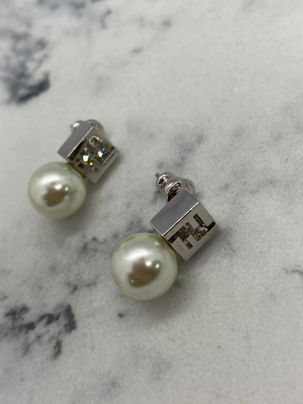FENDI F Silver Tone Pearl Earrings - Pre owned