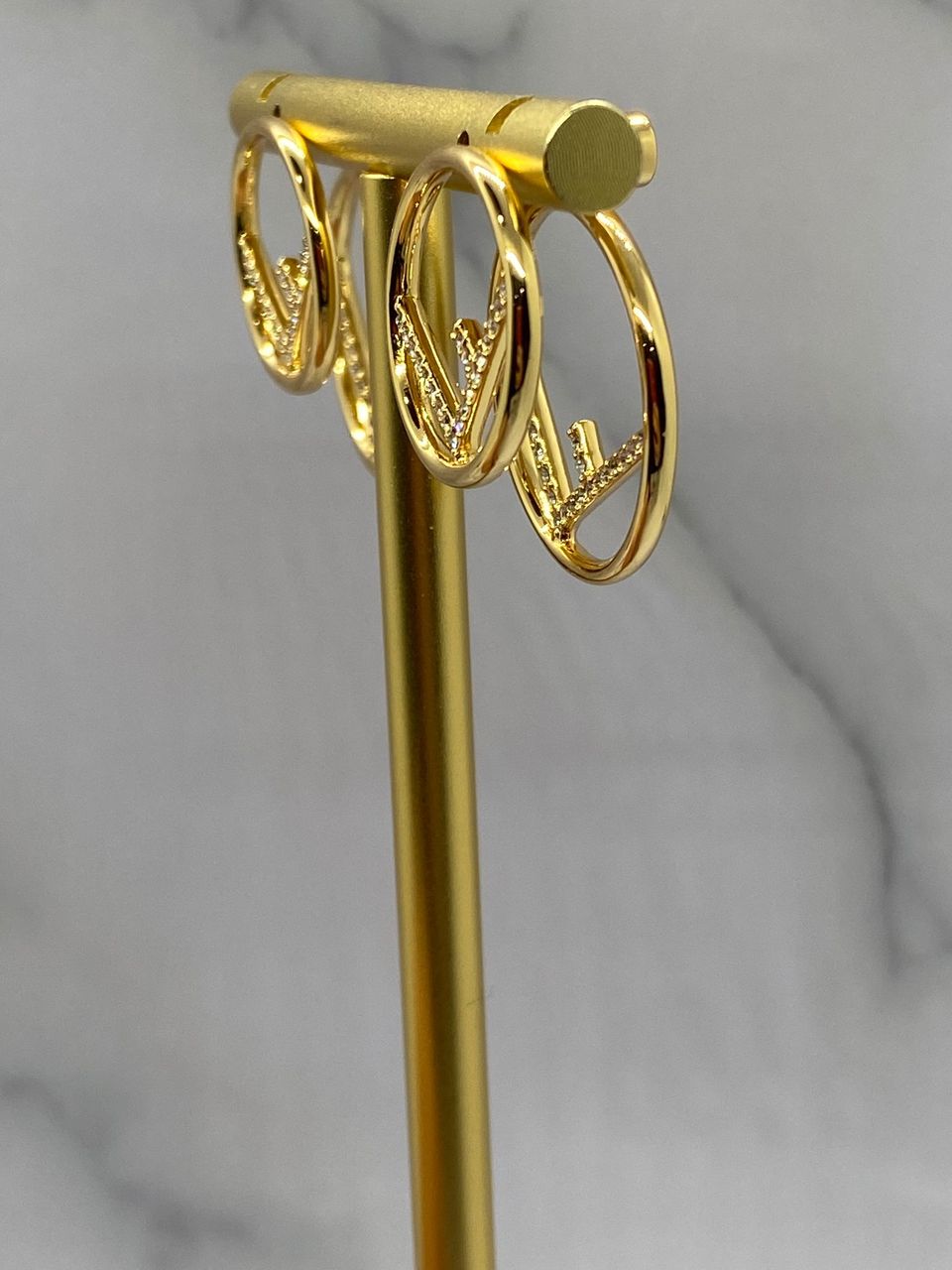 FENDI F Gold Tone Rhinestone Double Loop Earrings - Pre owned