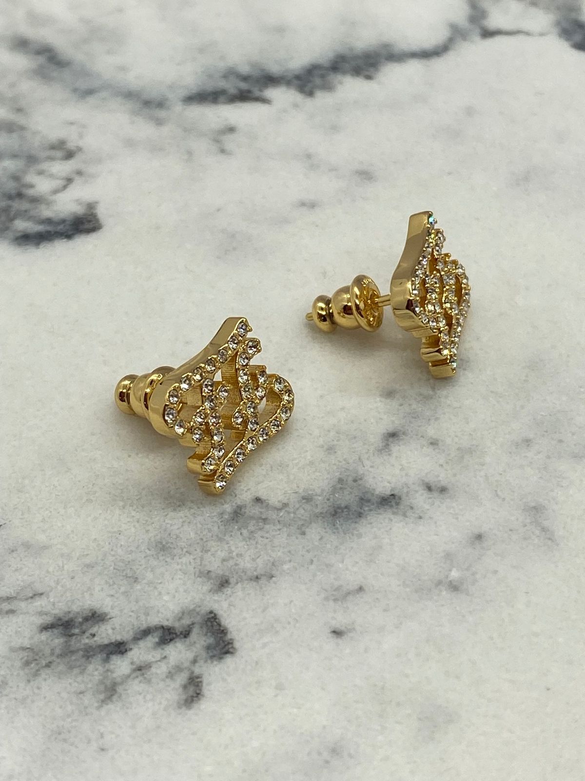 FENDI FF Gold Tone Rhinestone Monogram Earrings - Pre owned