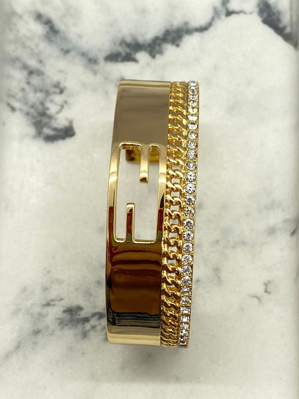 FENDI F Gold Tone Rhinestone Bangle Bracelet - Pre owned