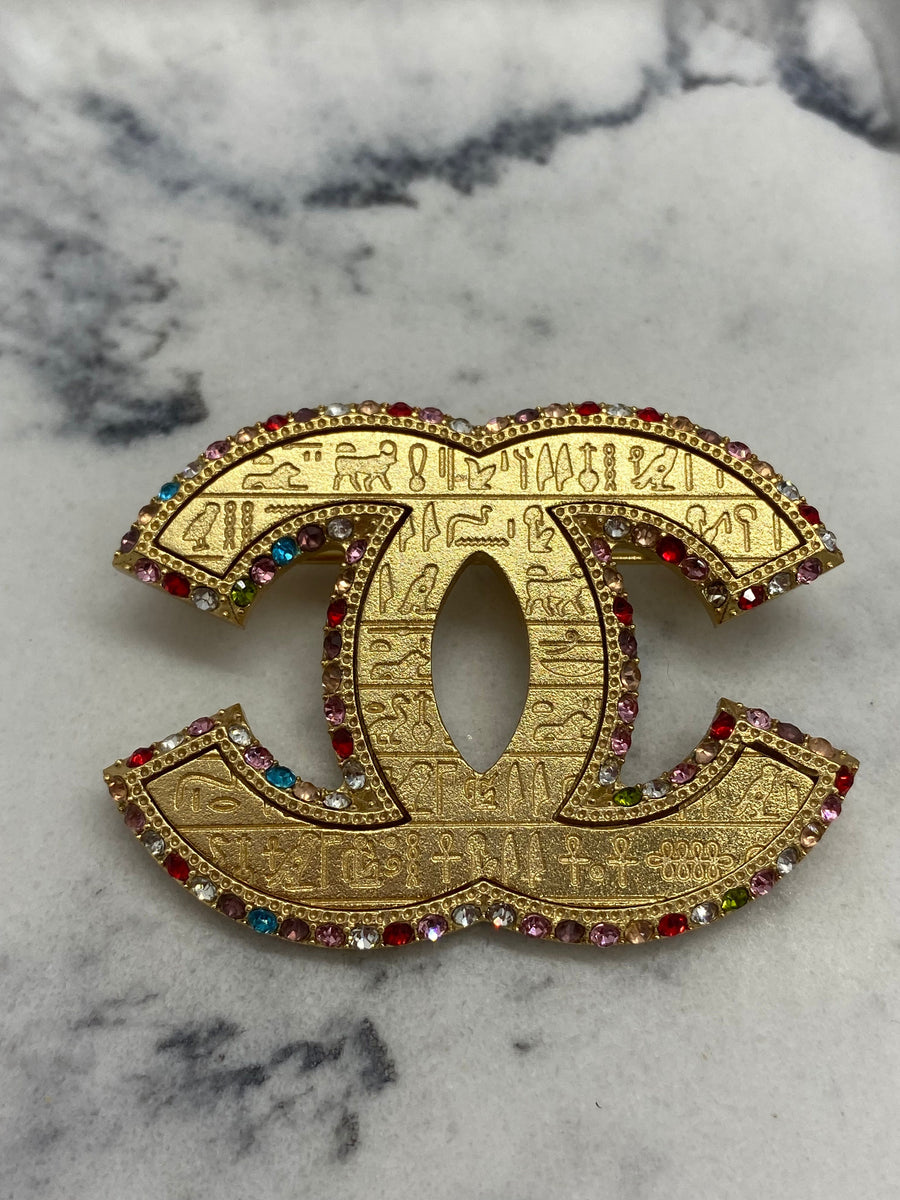 CHANEL CC Gold Tone Rhinestone Egyptian Brooch Pin - USED