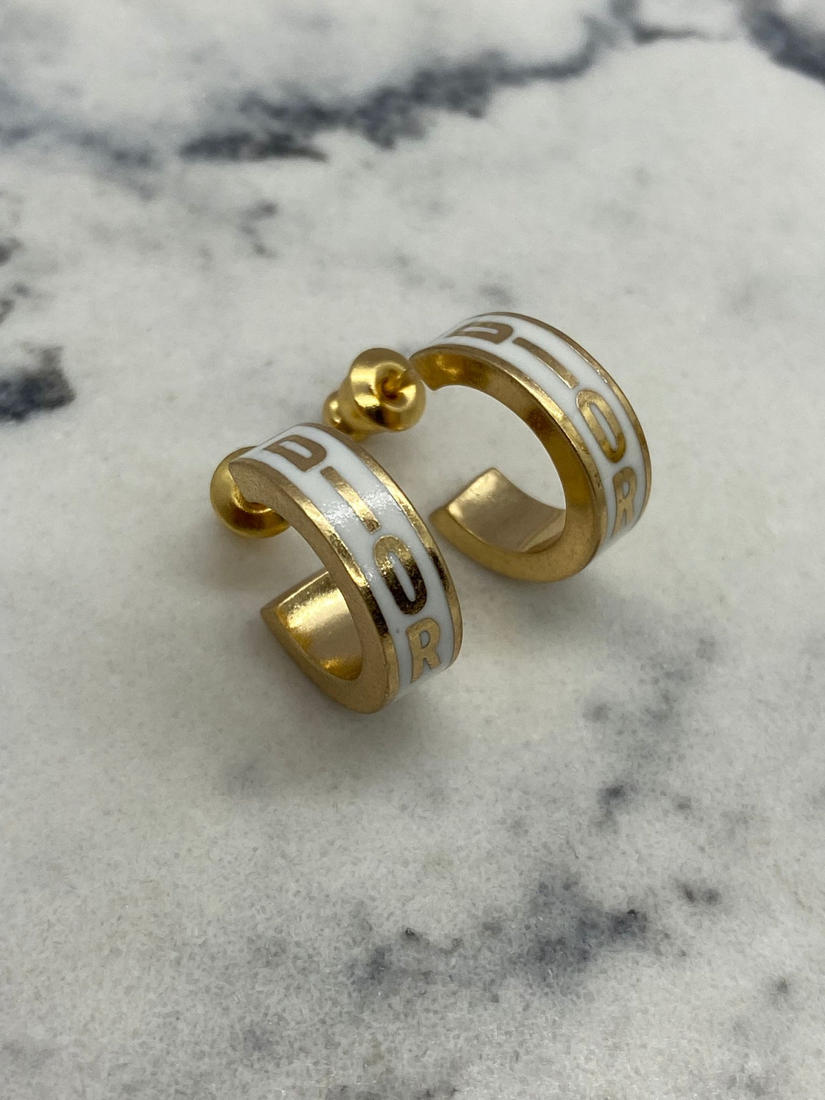 CHRISTIAN DIOR Gold Tone White Hoop Earrings - Pre owned
