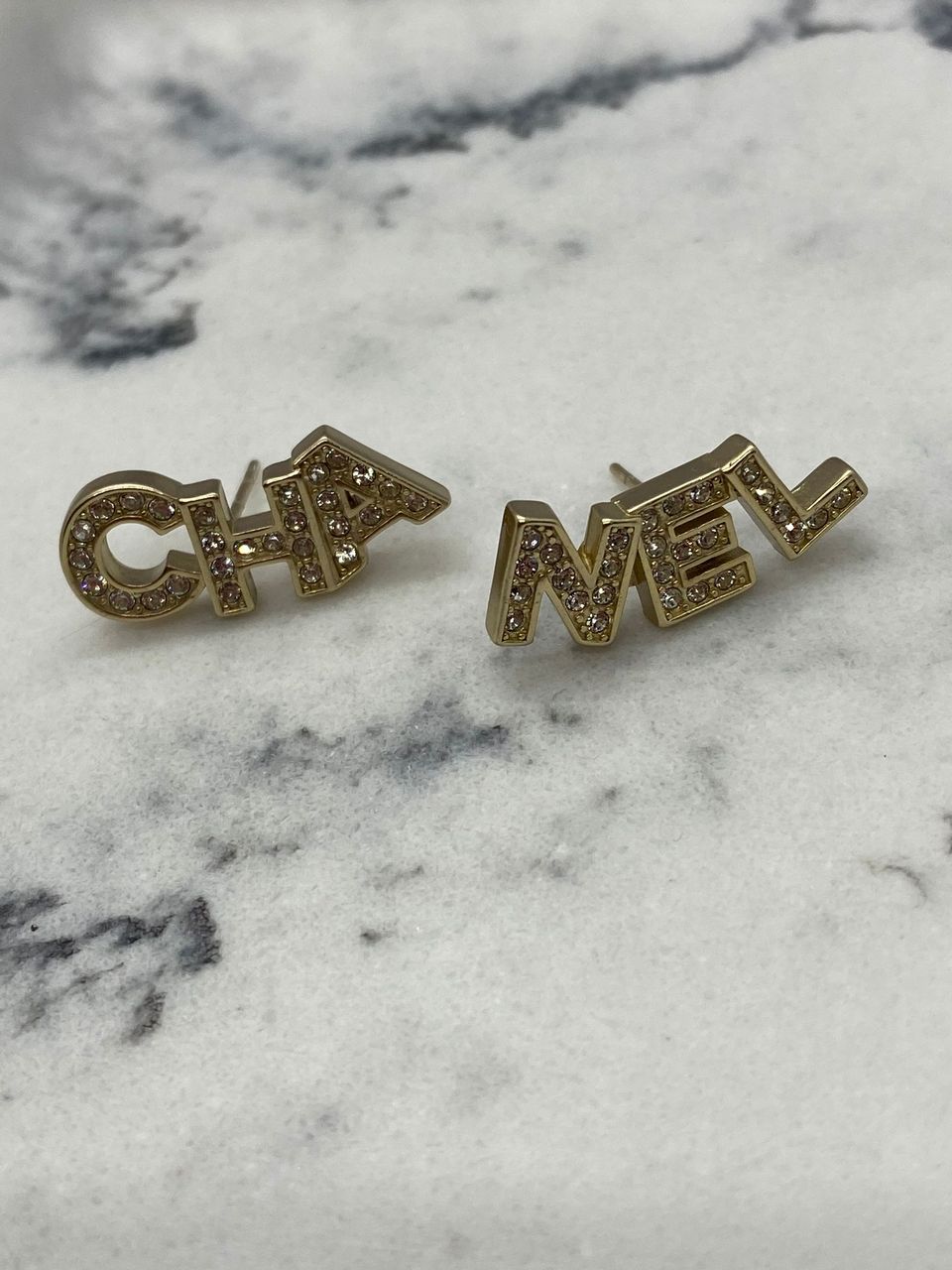CHANEL CC Gold Tone Rhinestone Block Earrings  - Pre owned