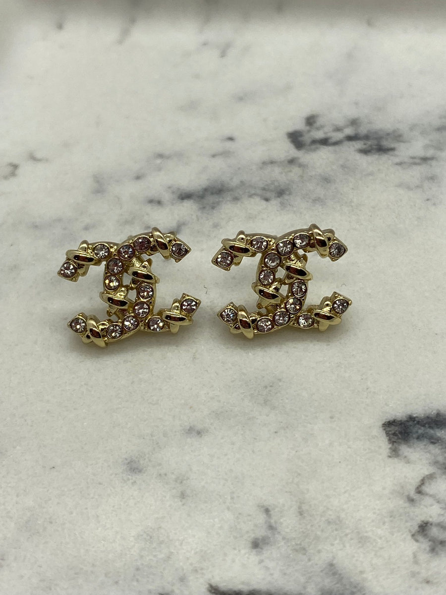 CHANEL CC Gold Tone Rhinestone Small Earrings - USED