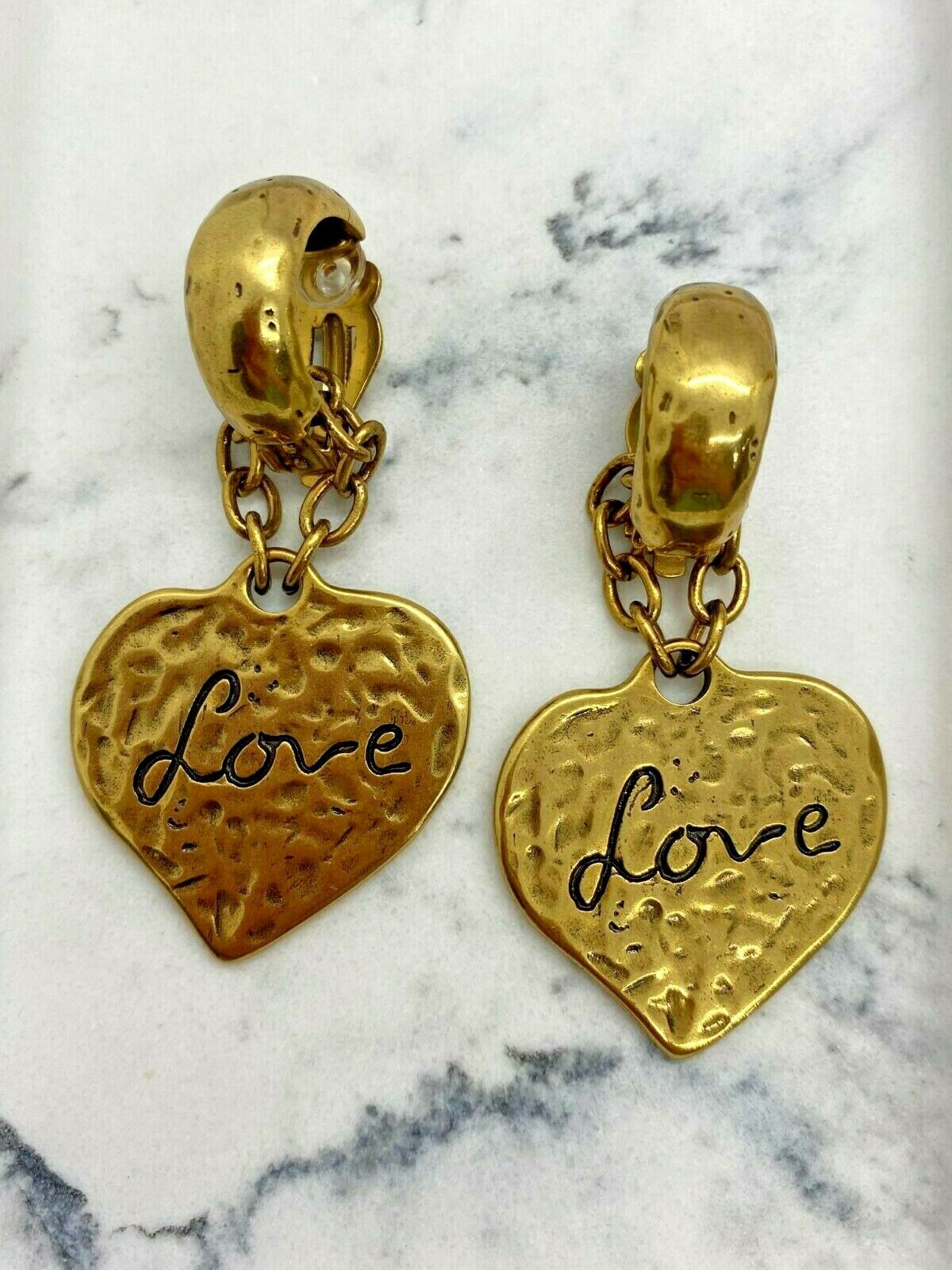 YSL Yves Saint Laurent Gold Tone LOVE Pendant Earrings - Pre owned