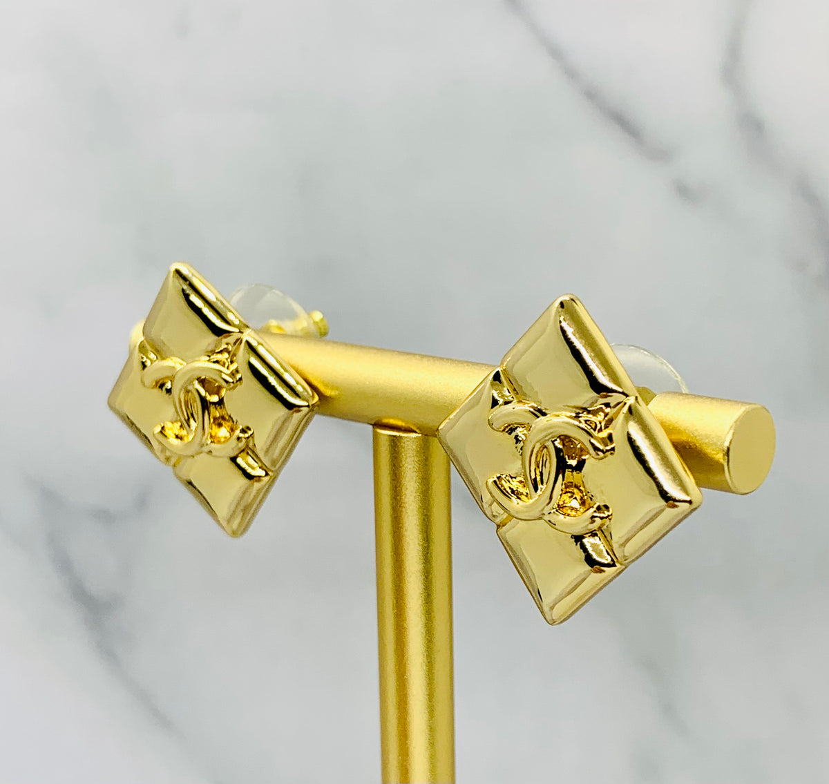 CHANEL CC Gold Tone Square Earrings - Pre owned