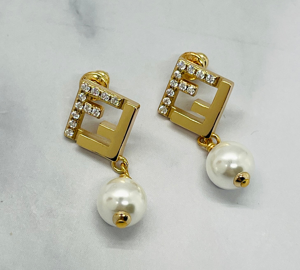 FENDI Rhinestone & Pearl Pendant Earrings - Pre owned