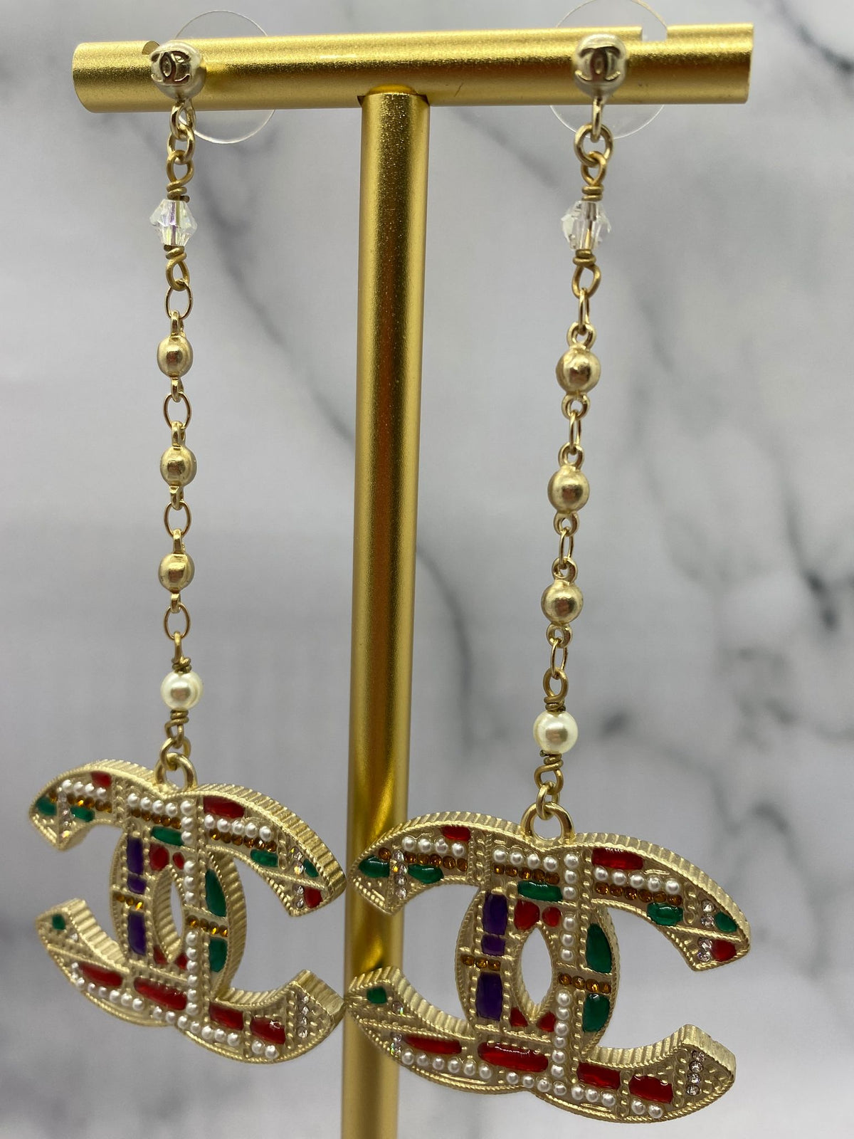 CHANEL CC Colorful Plaid Pendant Earrings - Pre owned