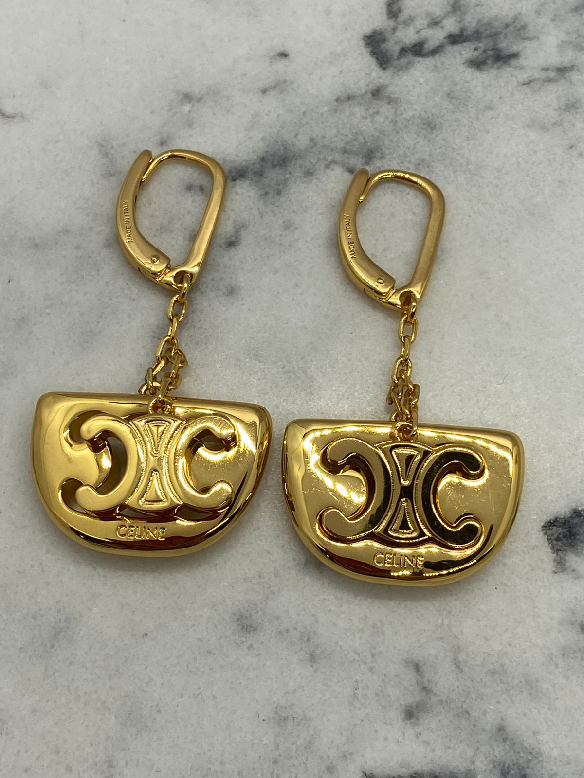 CELINE Gold Tone Monogram Pendant Earrings - Pre owned