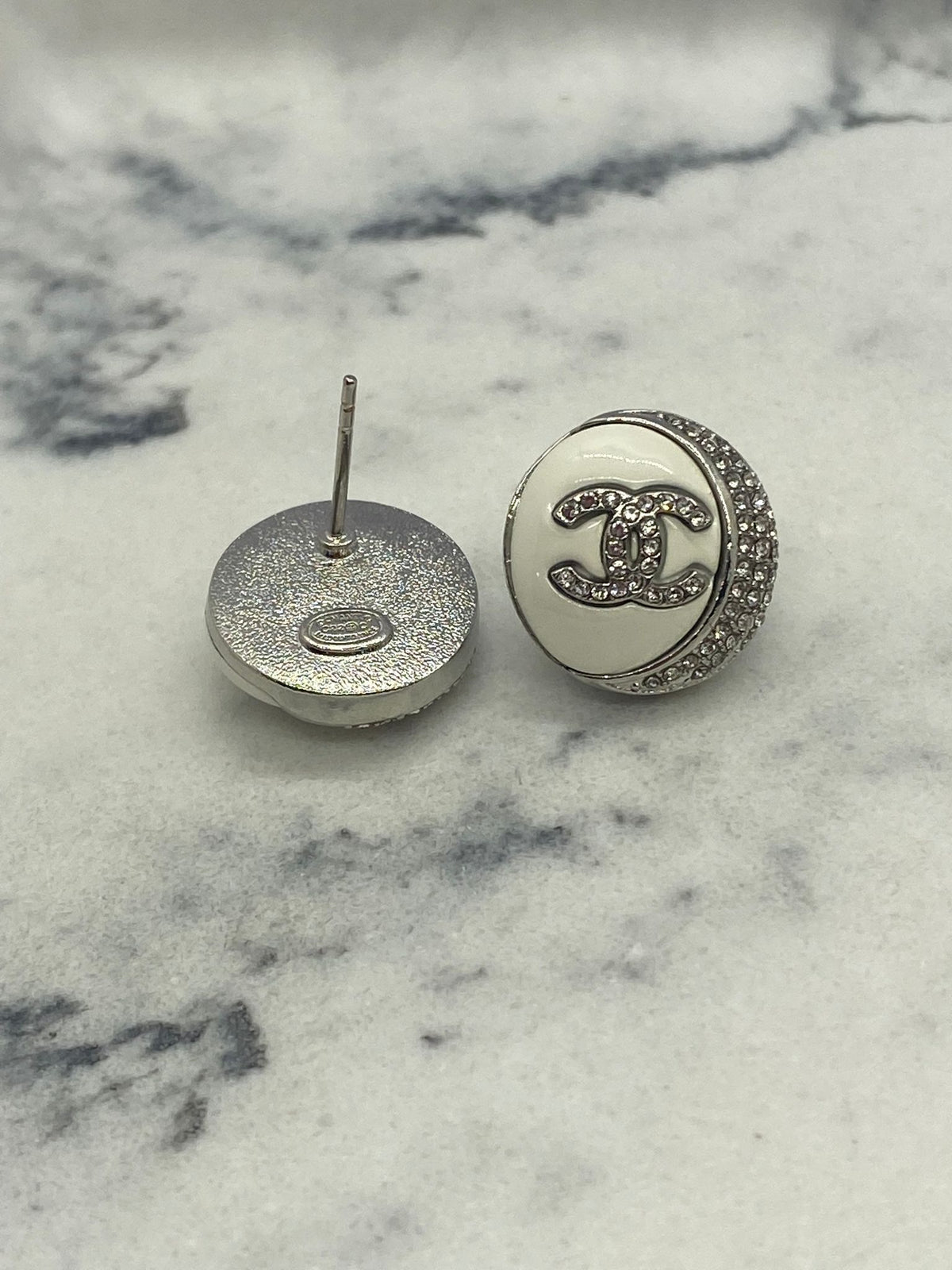 CHANEL CC Silver Tone White Rhinestone Earrings - USED