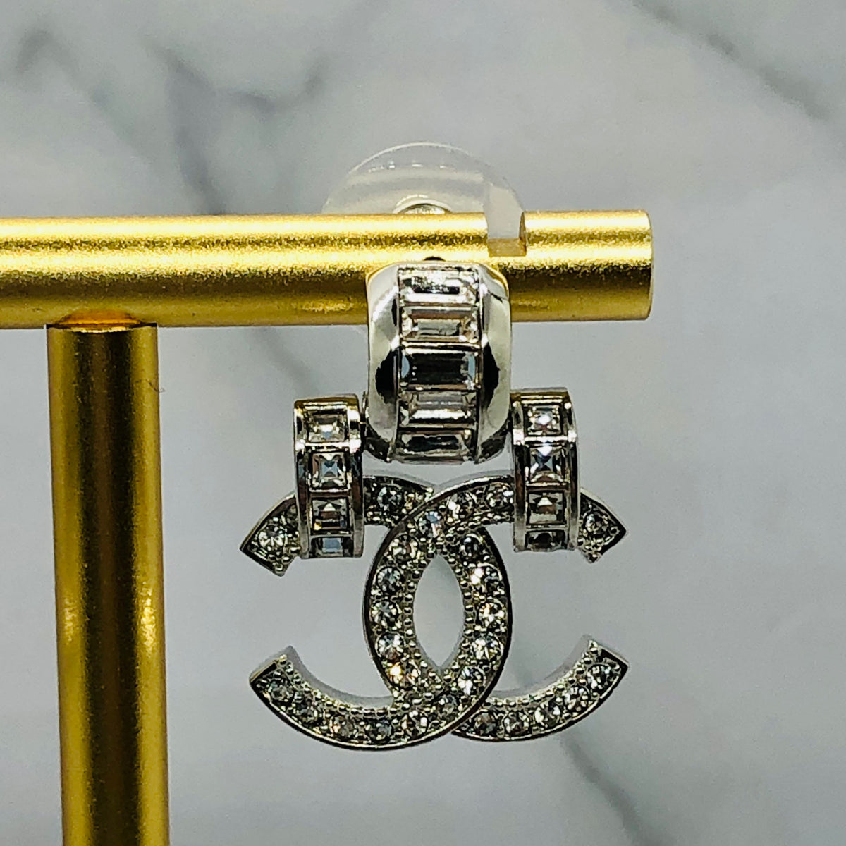 CHANEL CC Silver Tone Rhinestone Earrings - USED