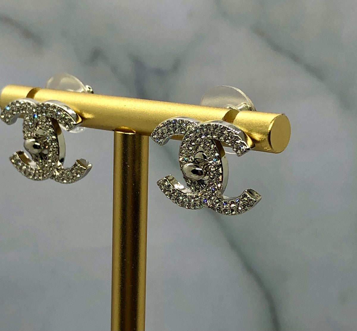 CHANEL CC Silver Tone Rhinestone Earrings - Pre owned