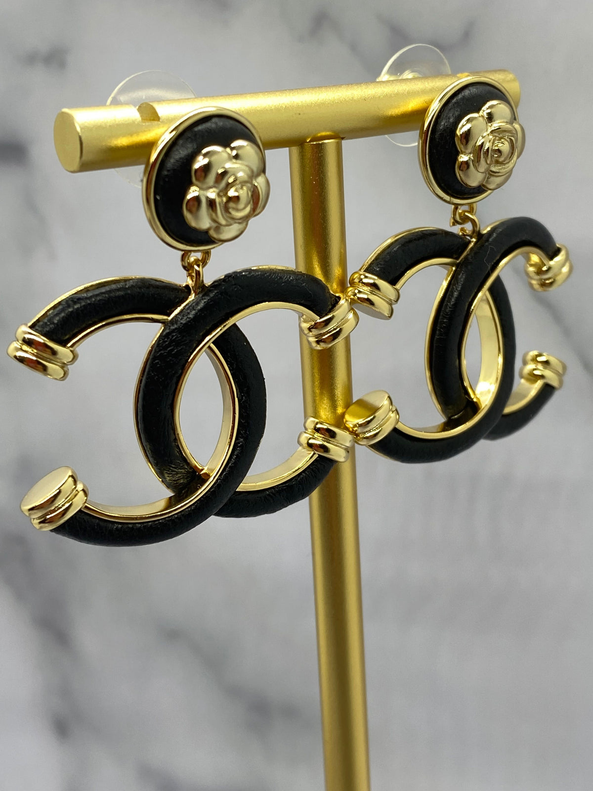 CHANEL CC Black Leather Earrings - USED