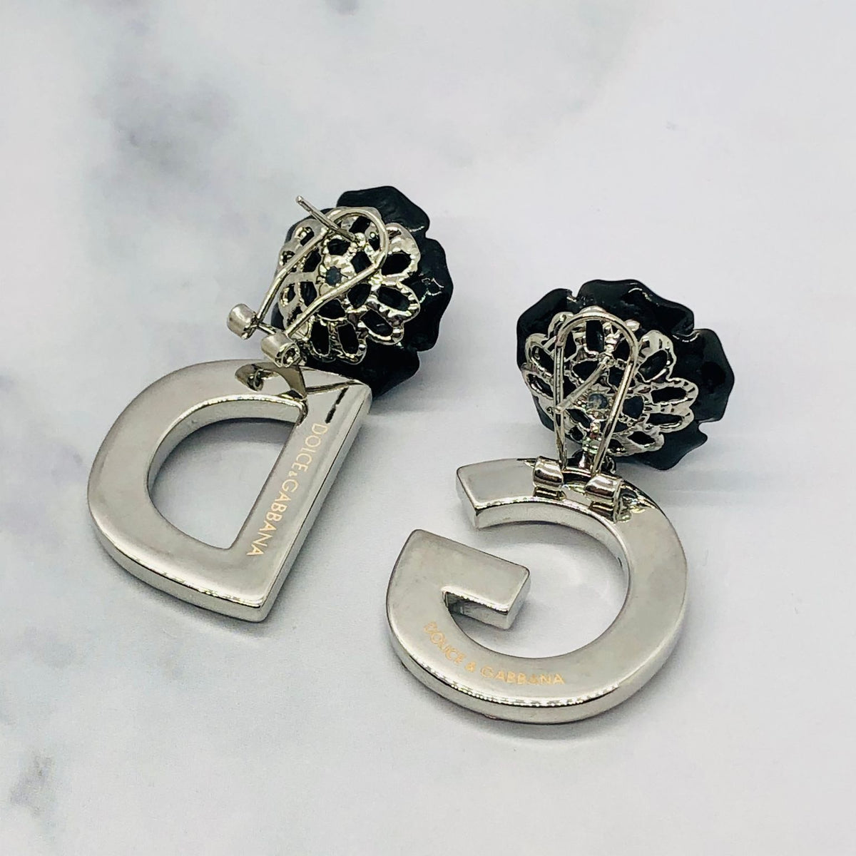 DOLCE & GABBANA Black Rose Rhinestone Earrings - Pre owned