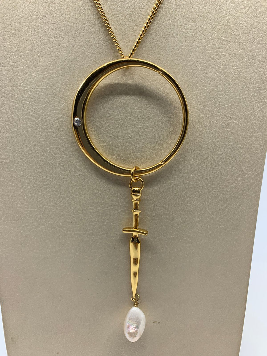 GIVENCHY Gold Tone Moon Sword Chain Necklace