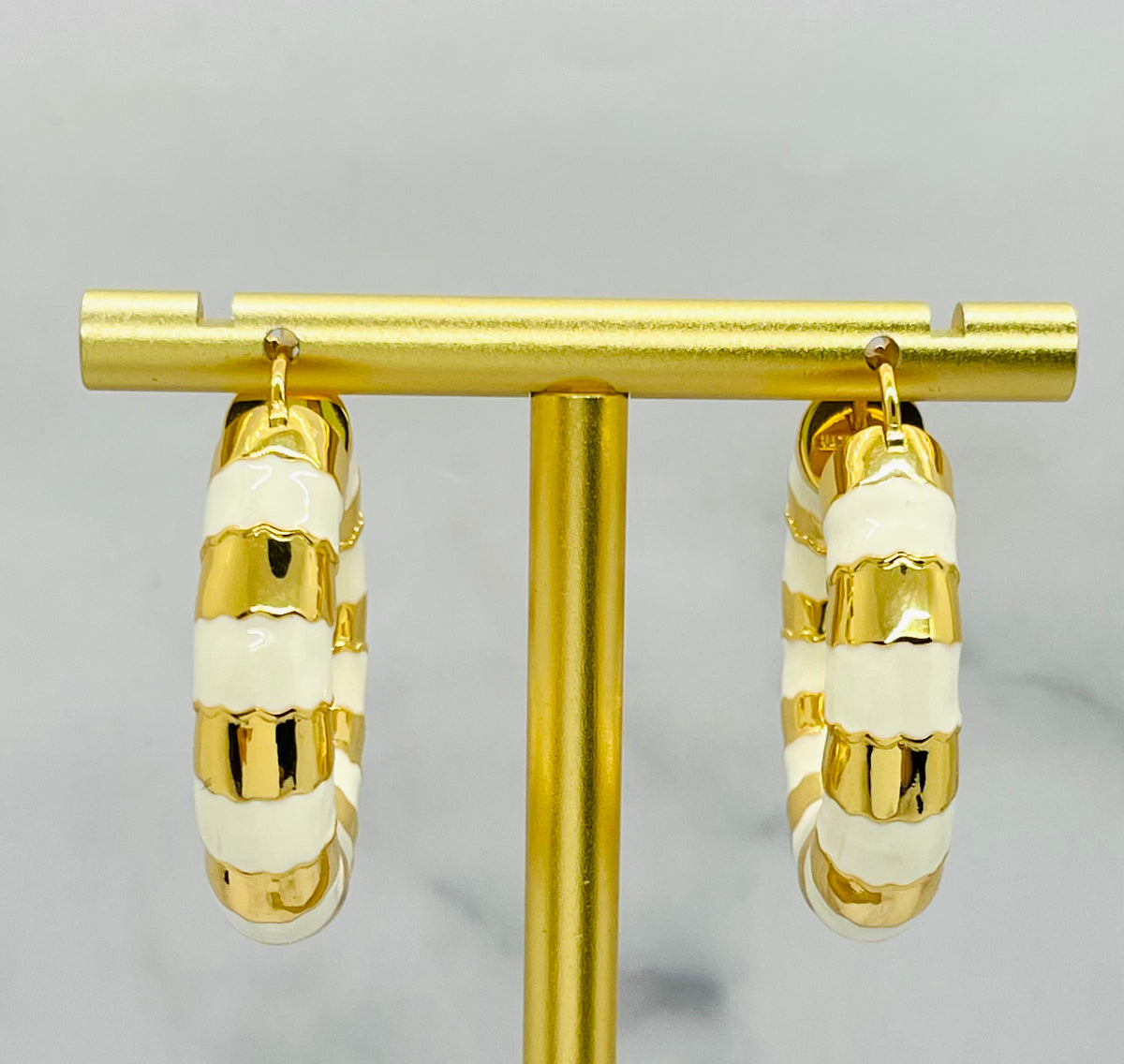CELINE Paris Enamel White & Gold Hoop Earrings - Pre owned