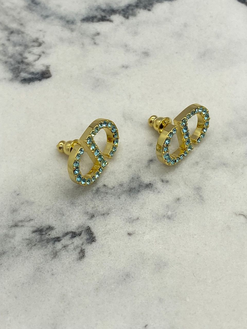 CHRISTIAN DIOR CD Gold Tone Blue Rhinestone Earrings - Pre owned