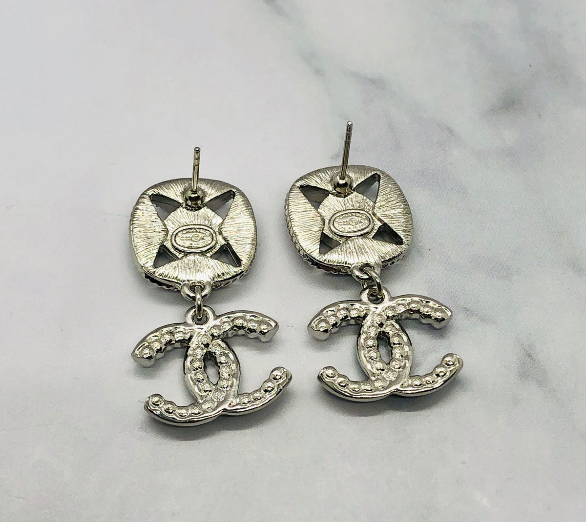 CHANEL CC Silver Tone Pendant Earrings - Pre owned