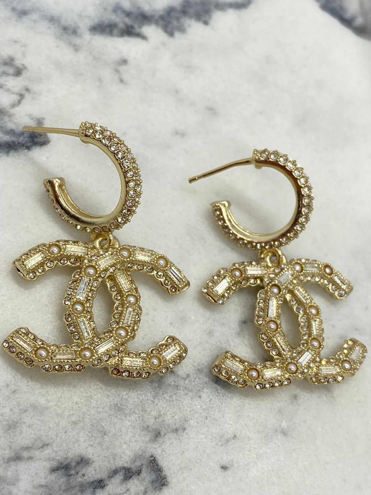 CHANEL CC Gold Tone Rhinestone Earrings - USED