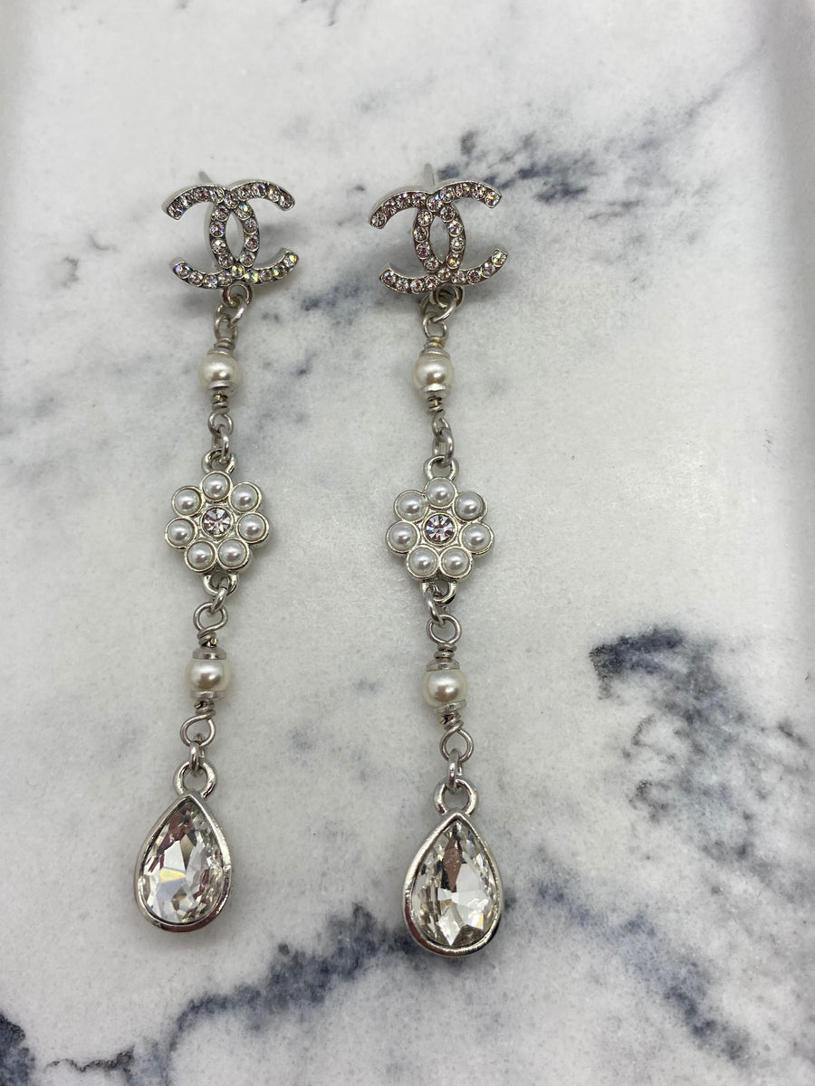 CHANEL CC Silver Tone Rhinestone Pendant Earrings - USED