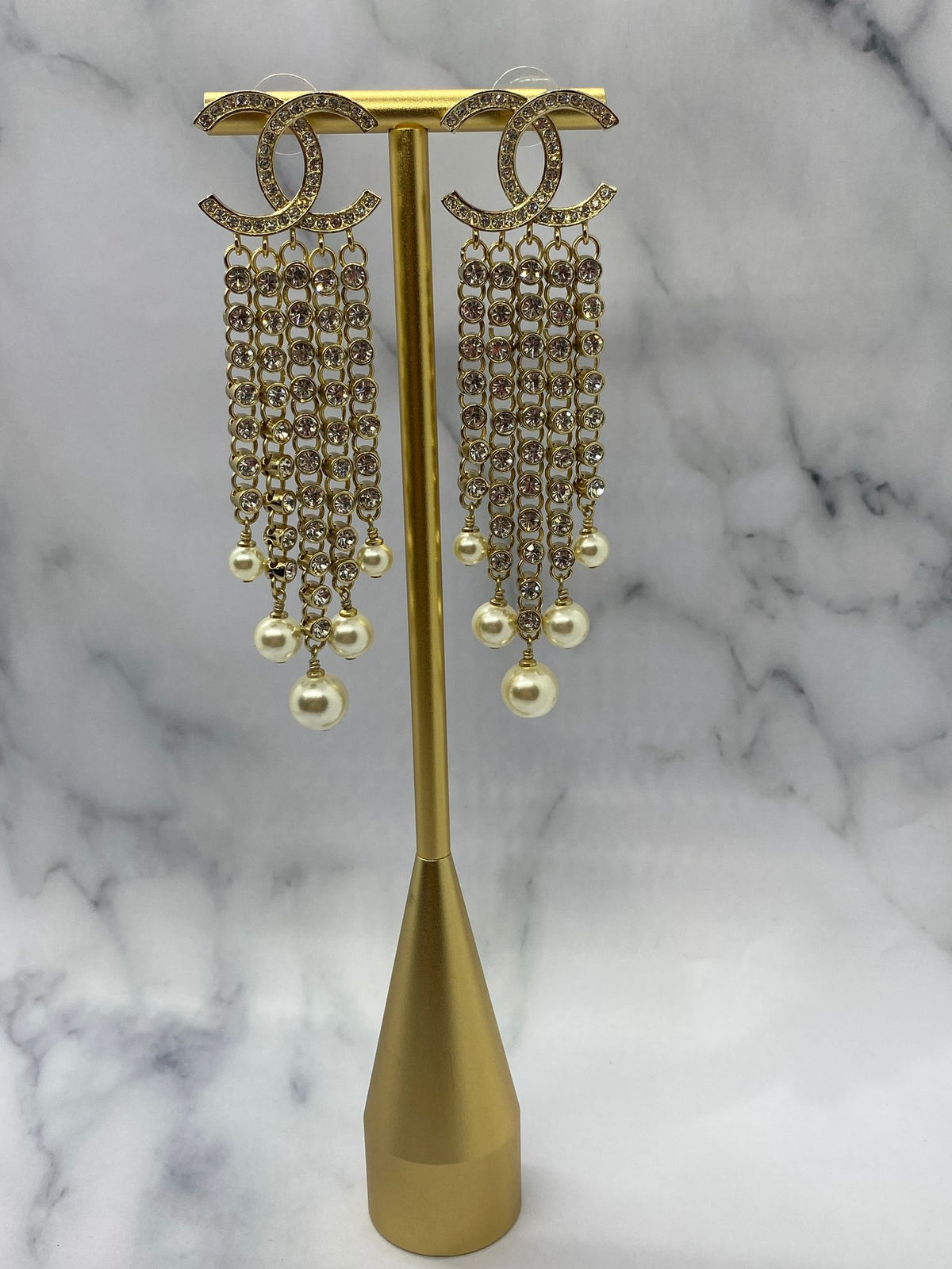 CHANEL CC Rhinestone & Pearl Pendant Earrings - Pre owned