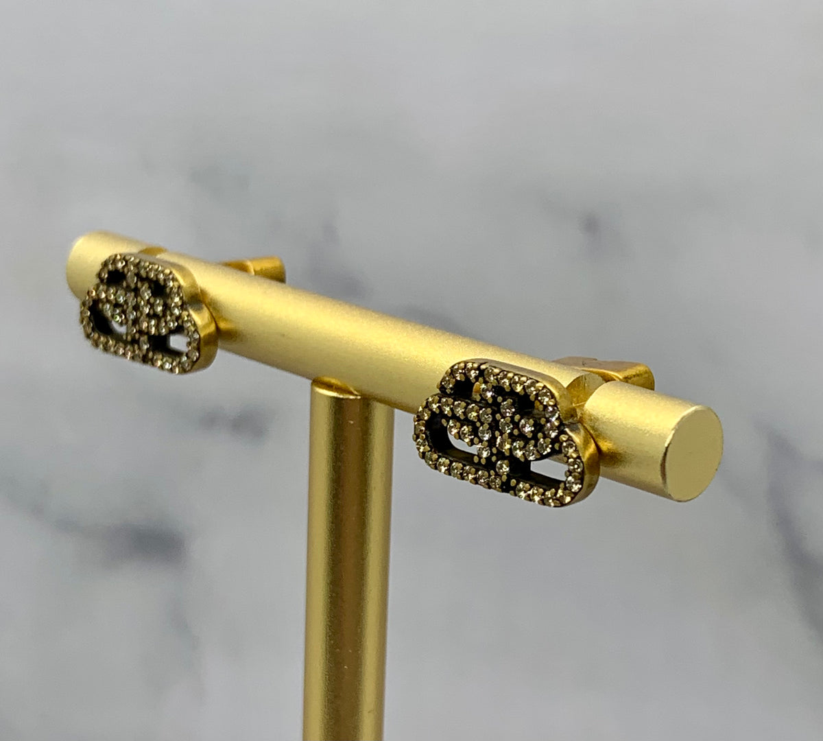 BALENCIAGA BB Brass Tone Rhinestone Earrings - Pre owned